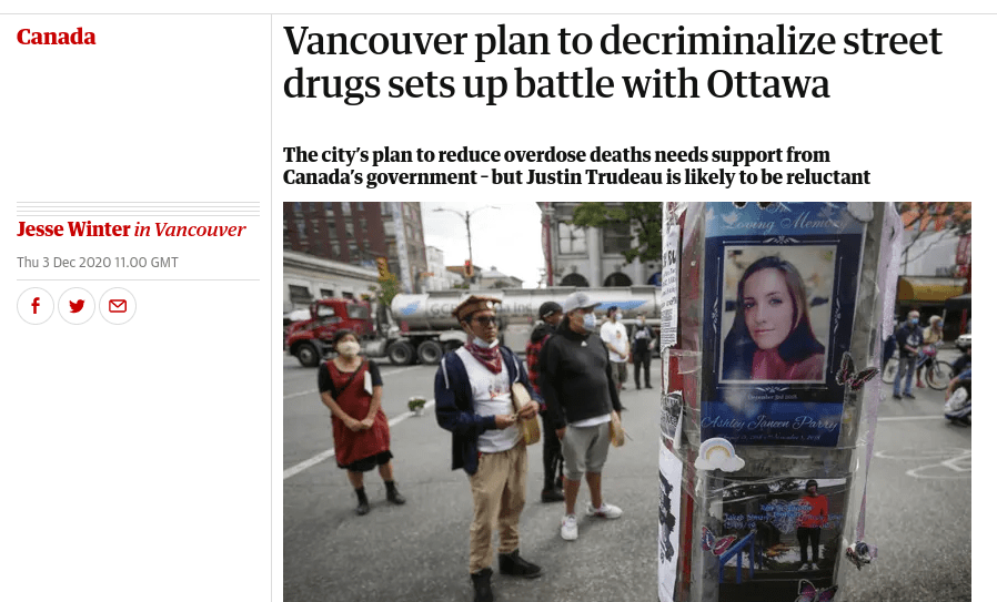 headline - the guardian, dec 3. "Vancouver plan to decriminalize street drugs sets up battle with Ottawa
The city’s plan to reduce overdose deaths needs support from Canada’s government – but Justin Trudeau is likely to be reluctant"