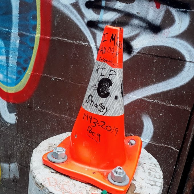 traffic pylon in alley; "I Miss All My Friends, RIP Shaggy, 1993-2019, Dec 9" written on it.