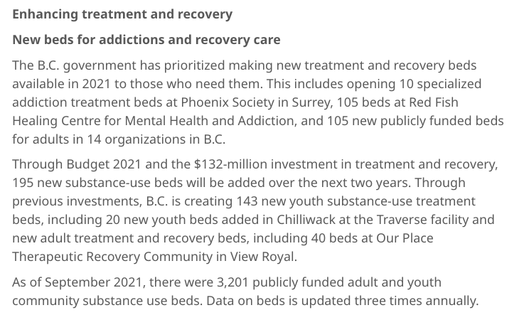 Enhancing treatment and recovery

New beds for addictions and recovery care

The B.C. government has prioritized making new treatment and recovery beds available in 2021 to those who need them. This includes opening 10 specialized addiction treatment beds at Phoenix Society in Surrey, 105 beds at Red Fish Healing Centre for Mental Health and Addiction, and 105 new publicly funded beds for adults in 14 organizations in B.C.

Through Budget 2021 and the $132-million investment in treatment and recovery, 195 new substance-use beds will be added over the next two years. Through previous investments, B.C. is creating 143 new youth substance-use treatment beds, including 20 new youth beds added in Chilliwack at the Traverse facility and new adult treatment and recovery beds, including 40 beds at Our Place Therapeutic Recovery Community in View Royal.

As of September 2021, there were 3,201 publicly funded adult and youth community substance use beds. Data on beds is updated three times annually.

