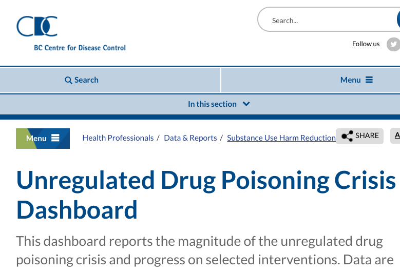 a screenshot of the BCCDC page titled Unregulated Drug Poisoning Crisis Dashboard